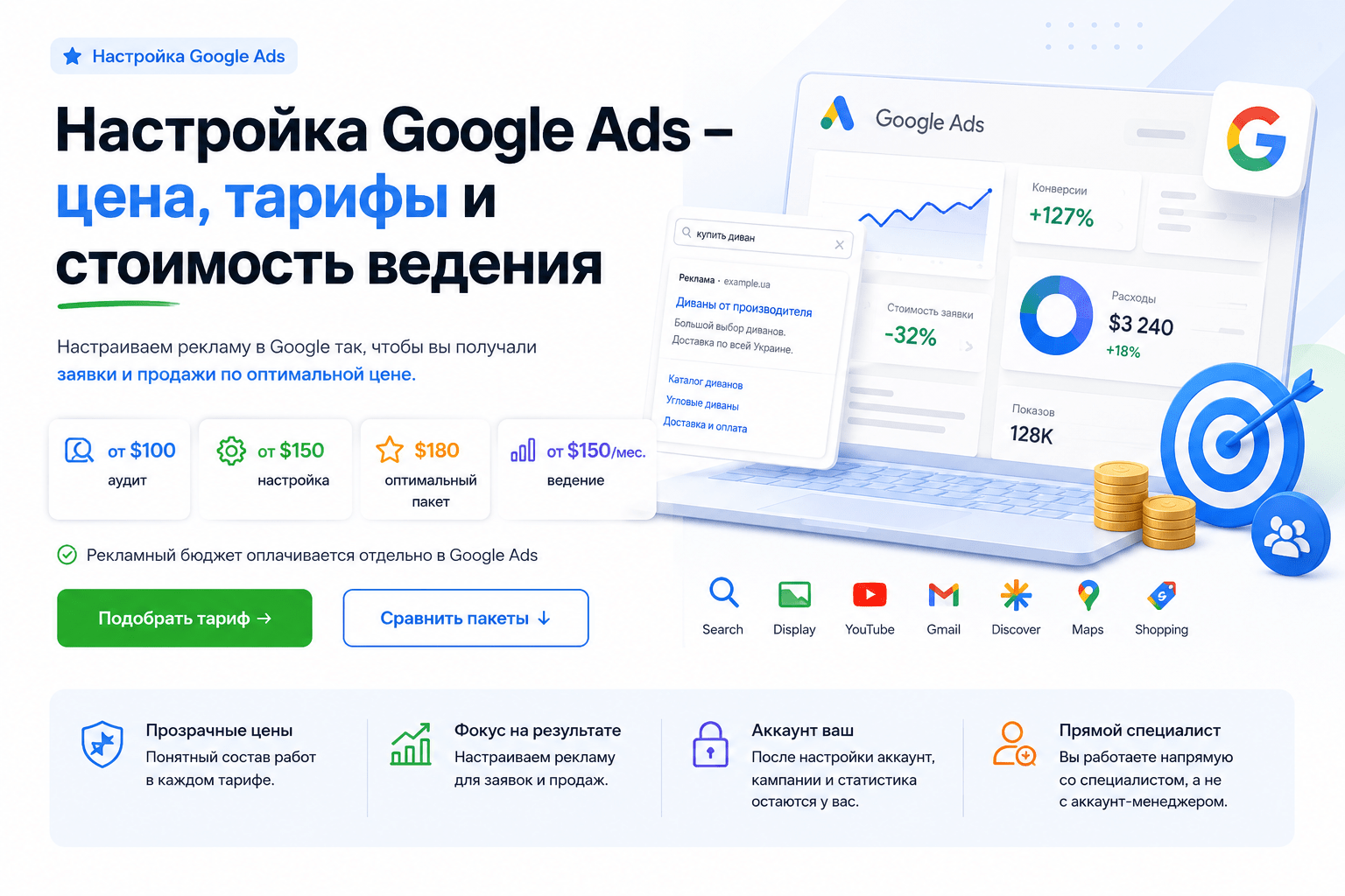 Настройка Google Ads – цены, тарифы и стоимость ведения