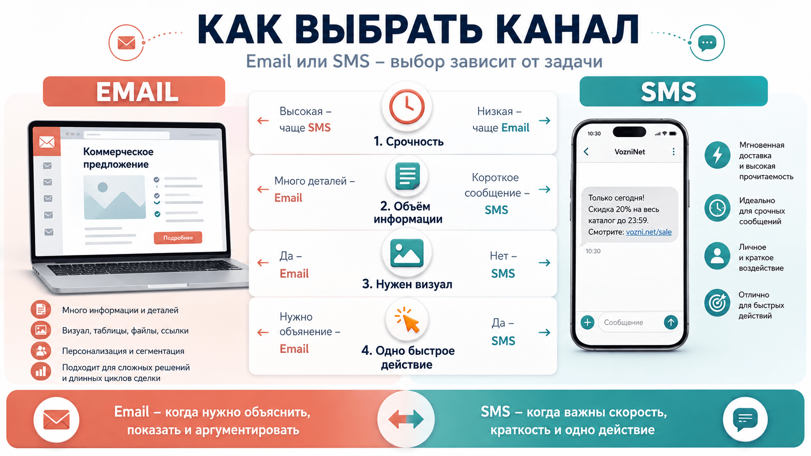 Как выбрать между email и SMS по задаче бизнеса