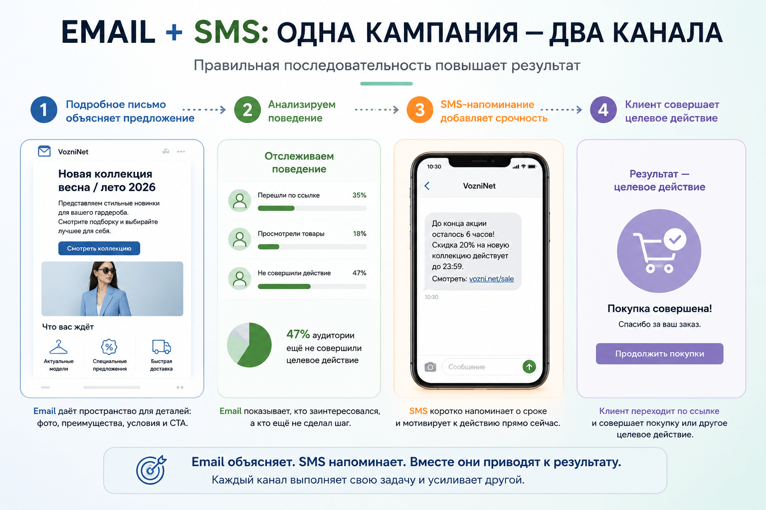 Email и SMS в одной кампании – письмо, анализ поведения, SMS и целевое действие