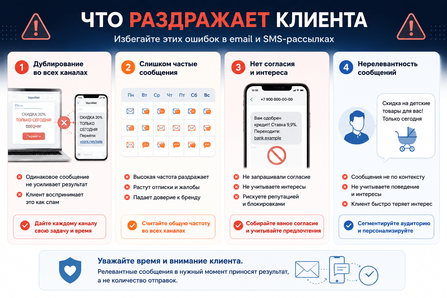 Ошибки email и SMS-рассылок – дублирование, частота, отсутствие согласия и нерелевантность