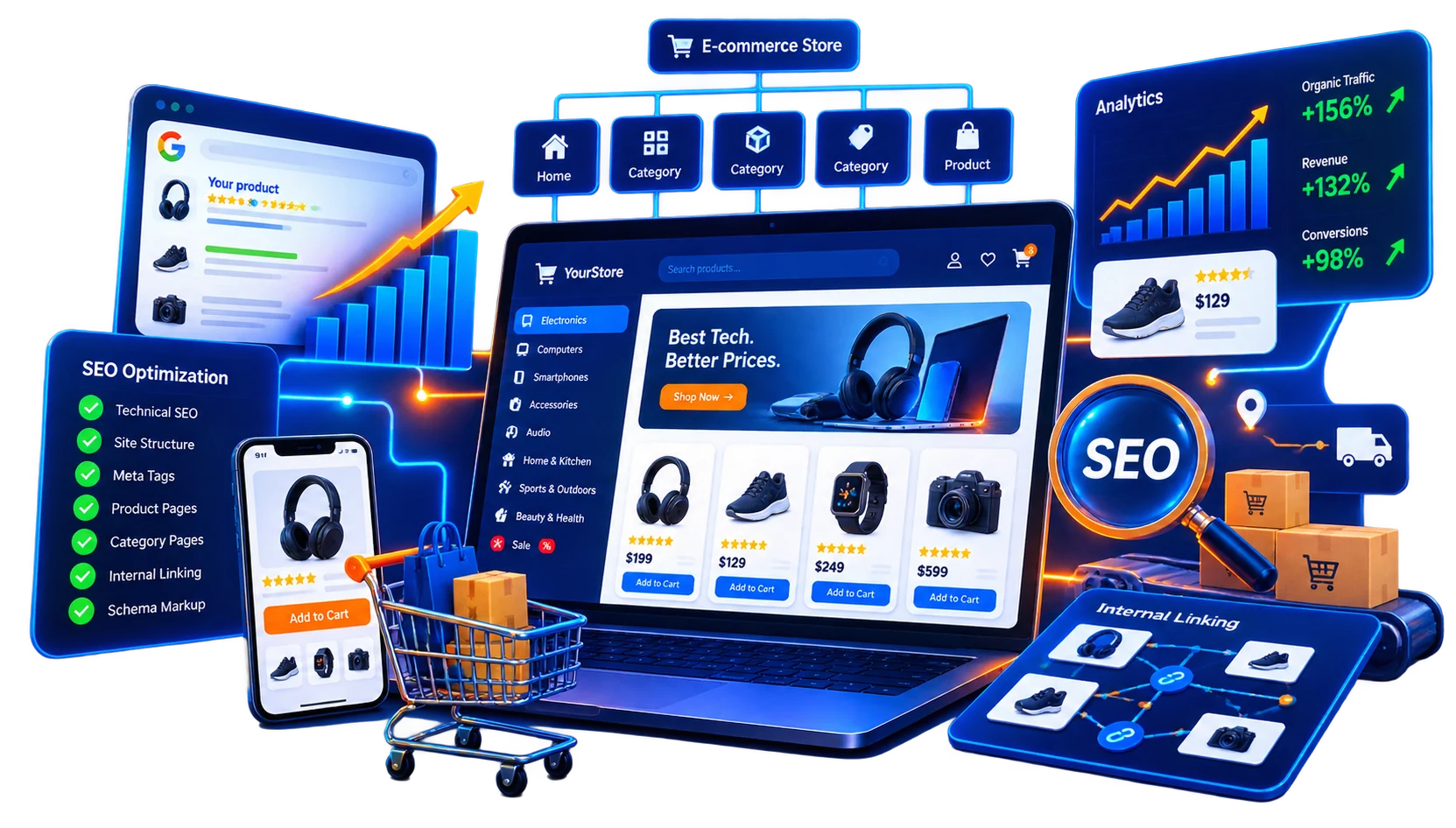 Ecommerce SEO for a large online store with category architecture, product pages, internal linking, search visibility and analytics