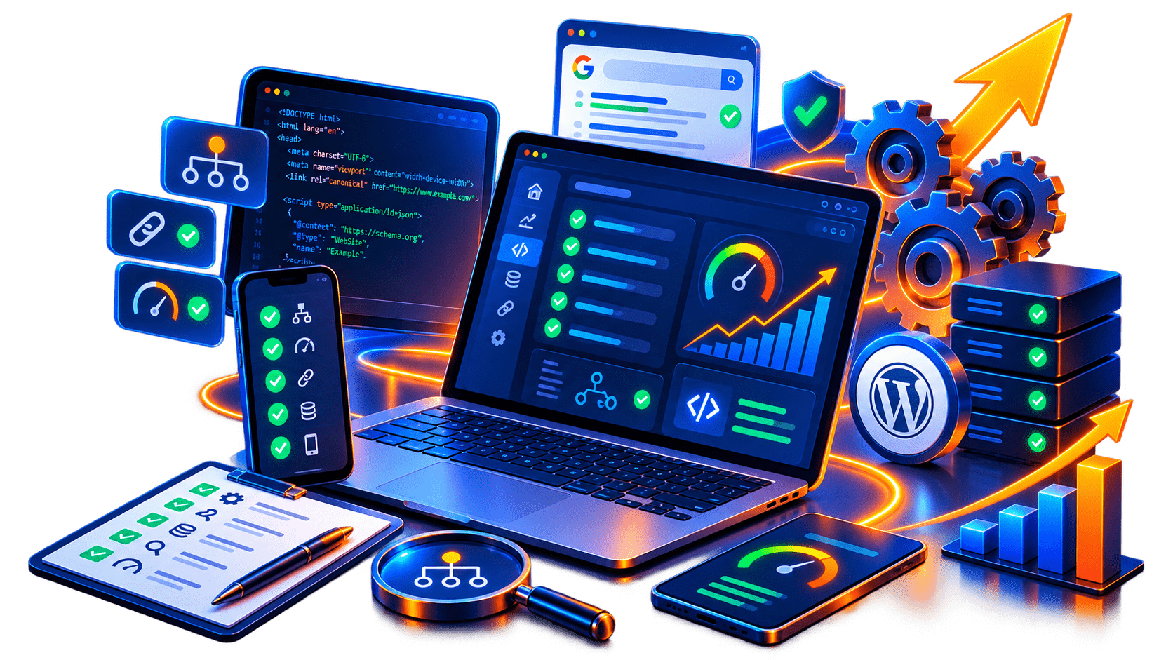 SEO implementation workflow with technical fixes, on-page optimization, structured data, internal linking, performance improvements and organic growth
