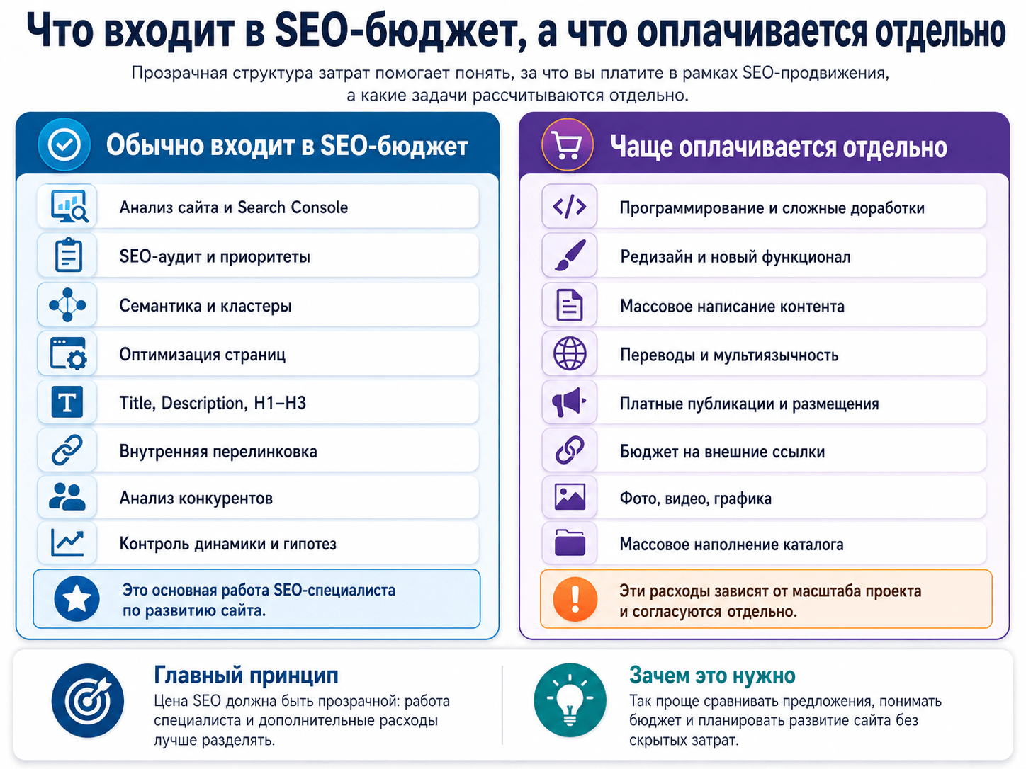 Что входит в SEO-бюджет, а какие работы и расходы оплачиваются отдельно