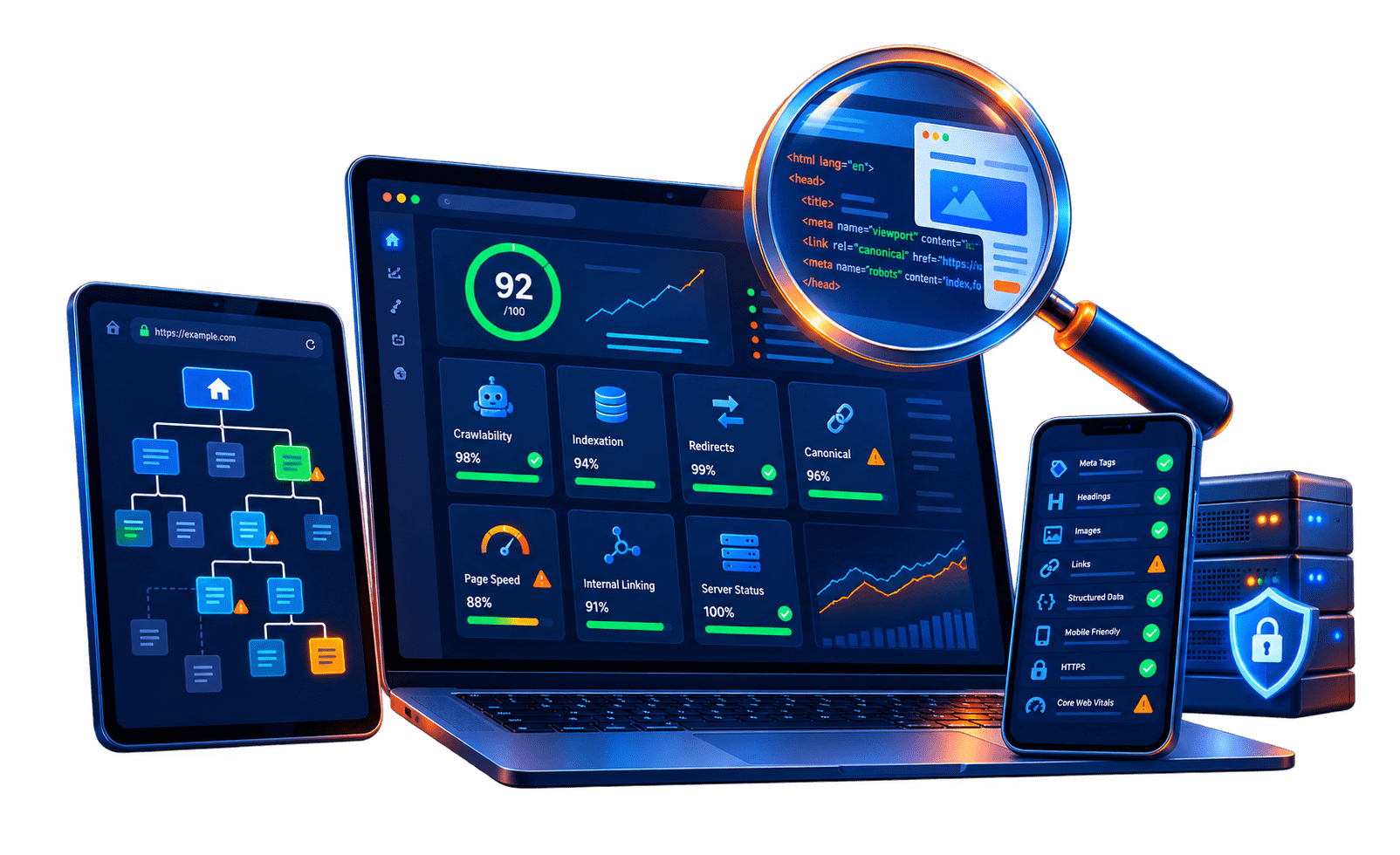 Technical SEO audit showing crawlability, indexation, redirects, canonicals, site structure, mobile checks and server status