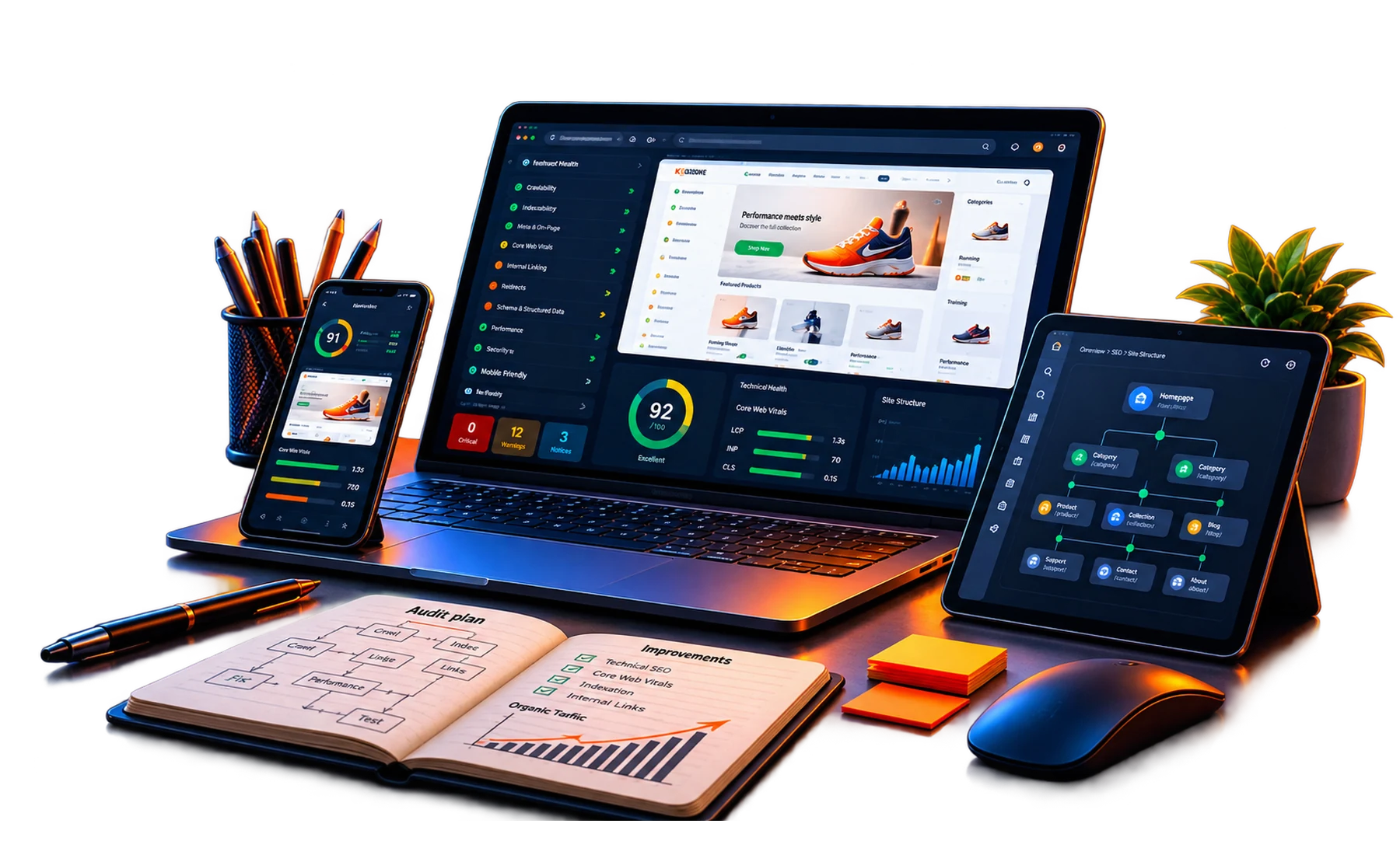 Technical SEO and ecommerce website audit with crawlability, indexation, site structure and mobile checks