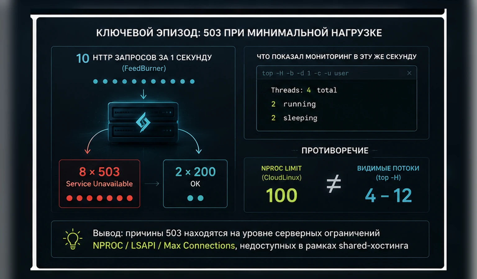 10 HTTP запросов за секунду, 8 ответов 503, 2 ответа 200 и 4 видимых потока при NPROC 100