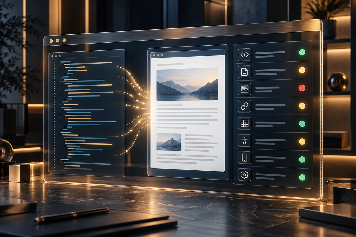 Проверка HTML для WordPress – обложка кейса VozniNet Инструмент VozniNet для проверки HTML перед публикацией в WordPress: окно с кодом, предпросмотром и панелью результатов