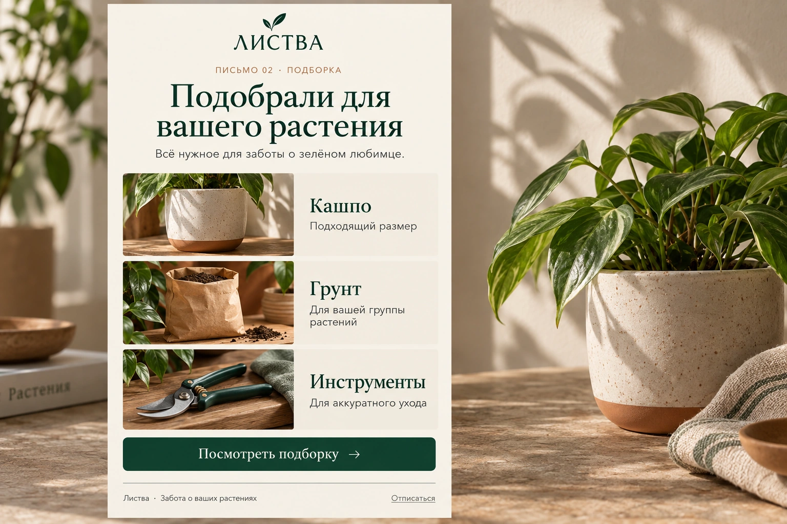Второе письмо Листвы – подборка кашпо, грунта и инструментов для ухода