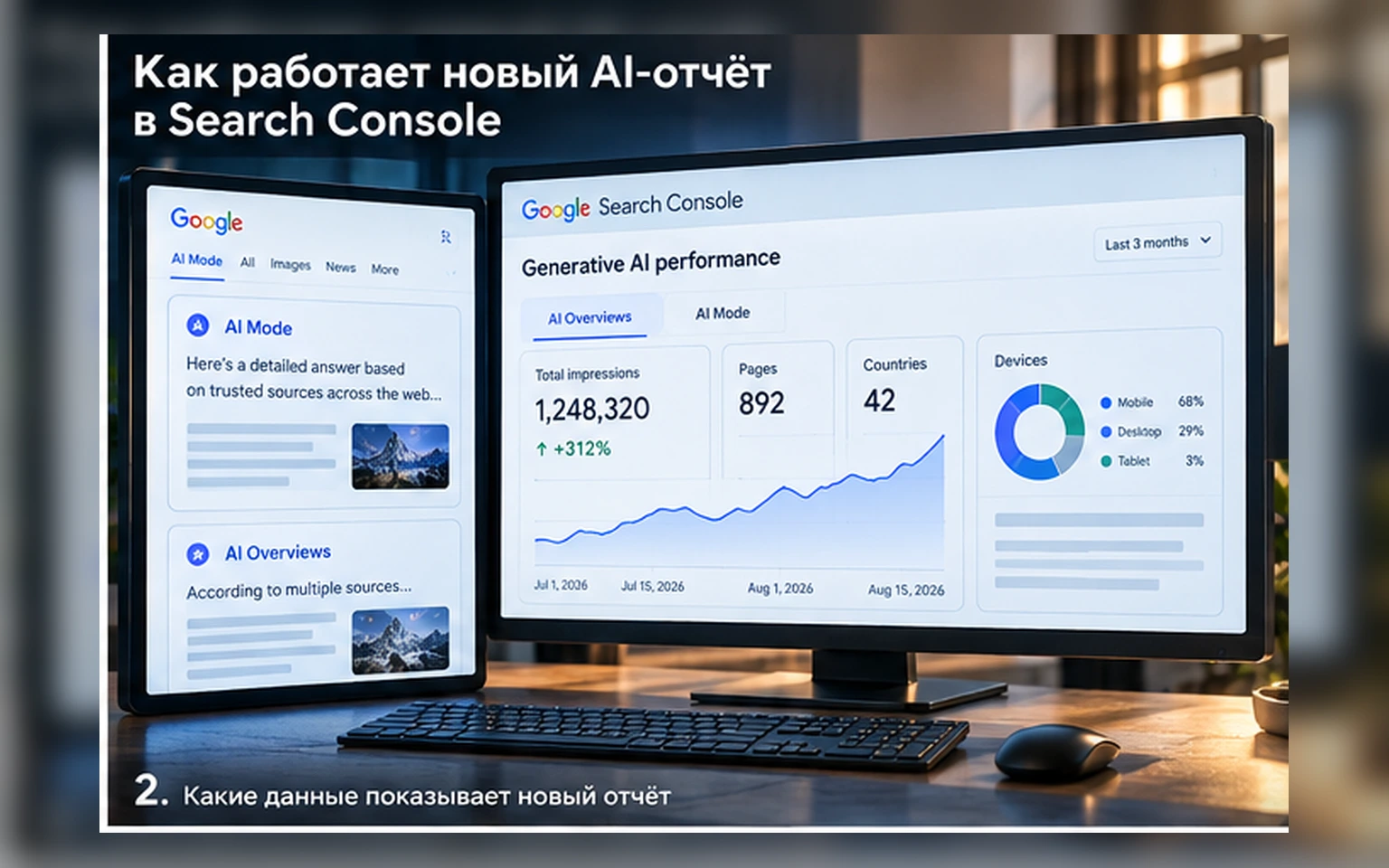 Новый отчёт Search Console показывает AI Overviews, AI Mode, показы, страницы, страны и устройства