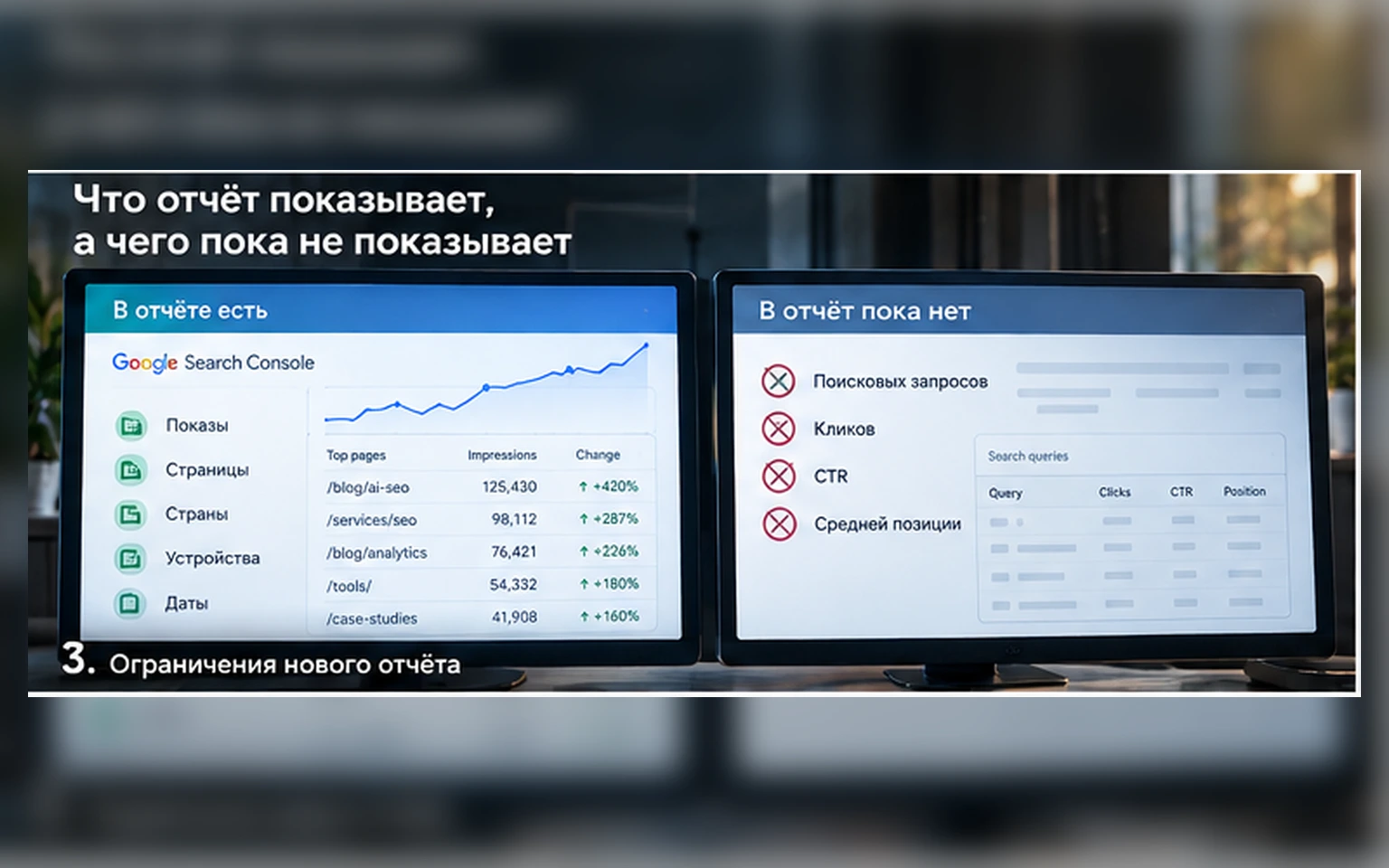 Сравнение данных, которые новый AI-отчёт Search Console показывает и не показывает