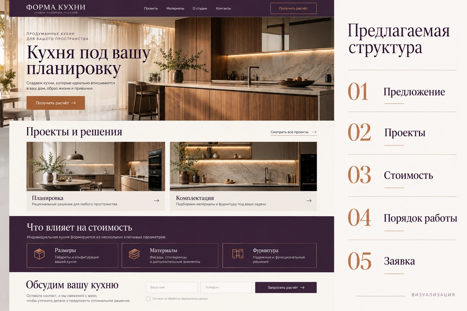 Структура страницы «Форма кухни» Предлагаемая структура страницы «Форма кухни»: предложение, проекты, стоимость, аргументы, форма заявки и контакты