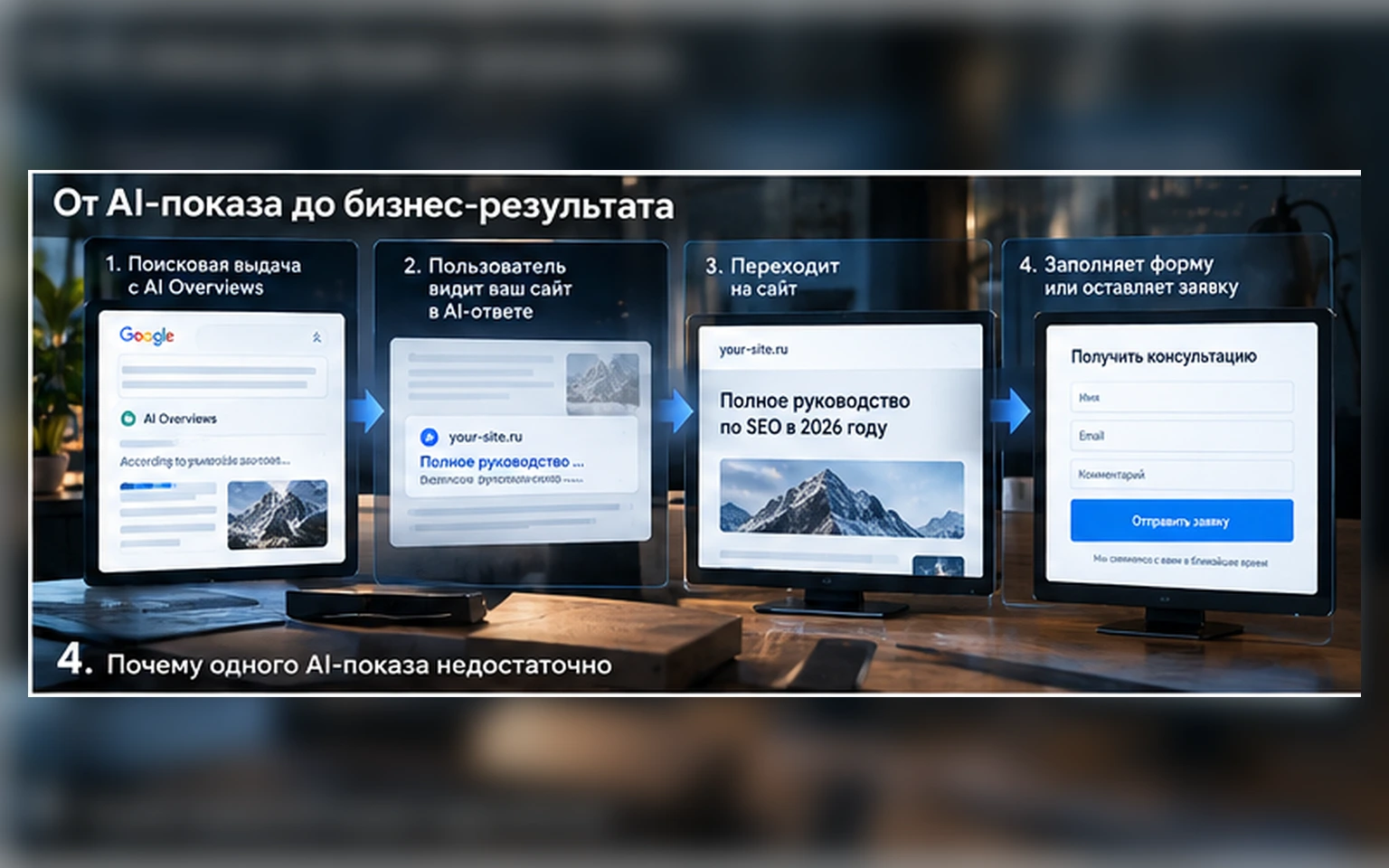 Путь пользователя от AI-показа Google к переходу на сайт и отправке заявки