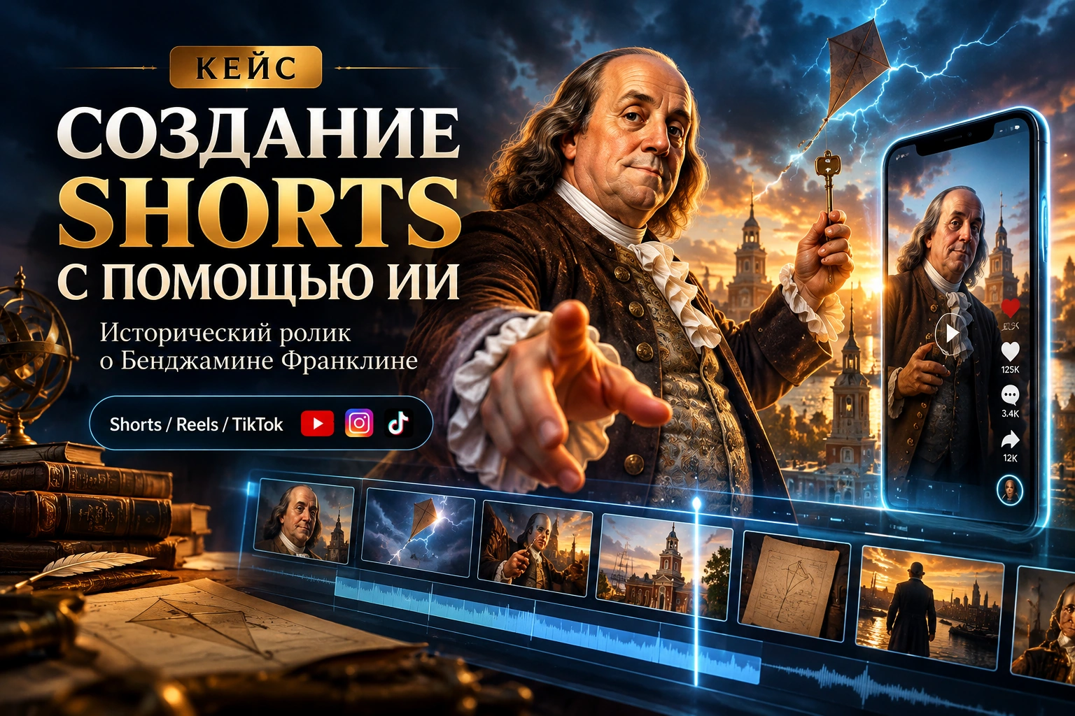 Кейс создания Shorts с помощью ИИ Создание исторического Shorts о Бенджамине Франклине с помощью ИИ