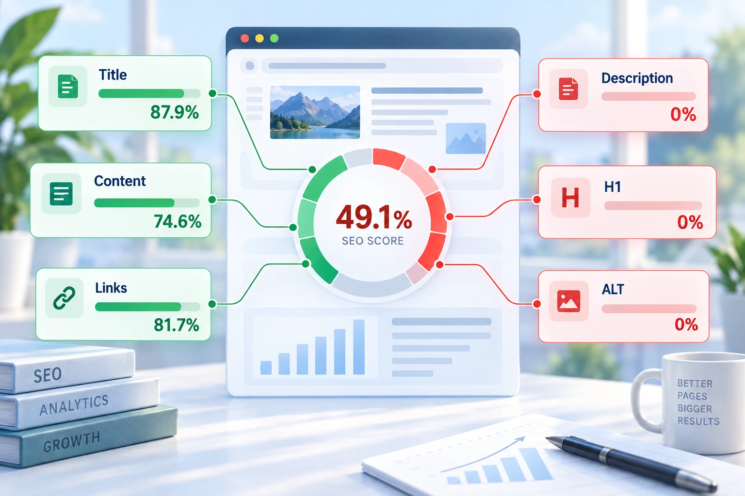 Сильные и слабые элементы внутренней SEO-оптимизации SEO-профиль страницы с общей оценкой 49,1 процента