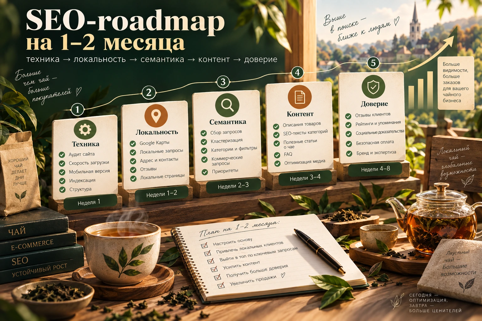 Техника, локальность, семантика, контент и доверие SEO-roadmap интернет-магазина чая на один-два месяца