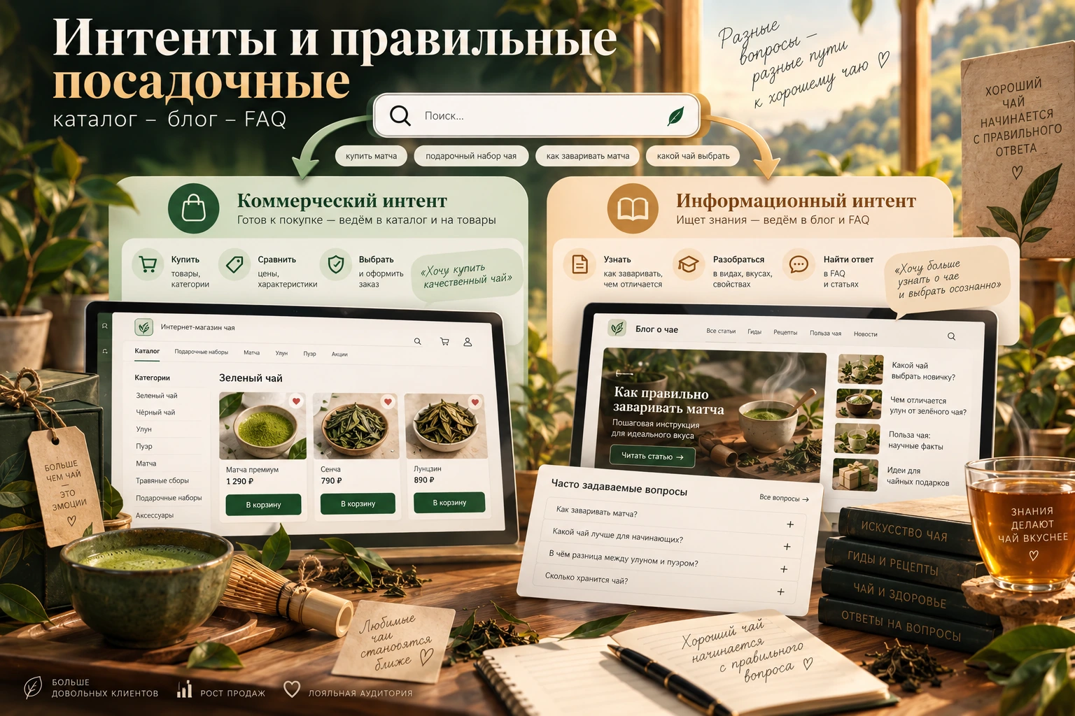 Каталог, блог и FAQ под разные поисковые интенты Коммерческие и информационные интенты для интернет-магазина чая