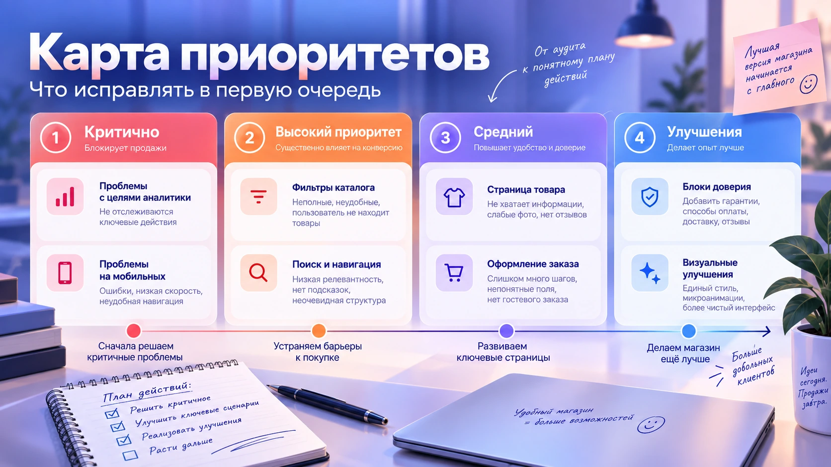 Критические, высокие, средние и дополнительные UX-улучшения Карта приоритетов юзабилити-аудита интернет-магазина