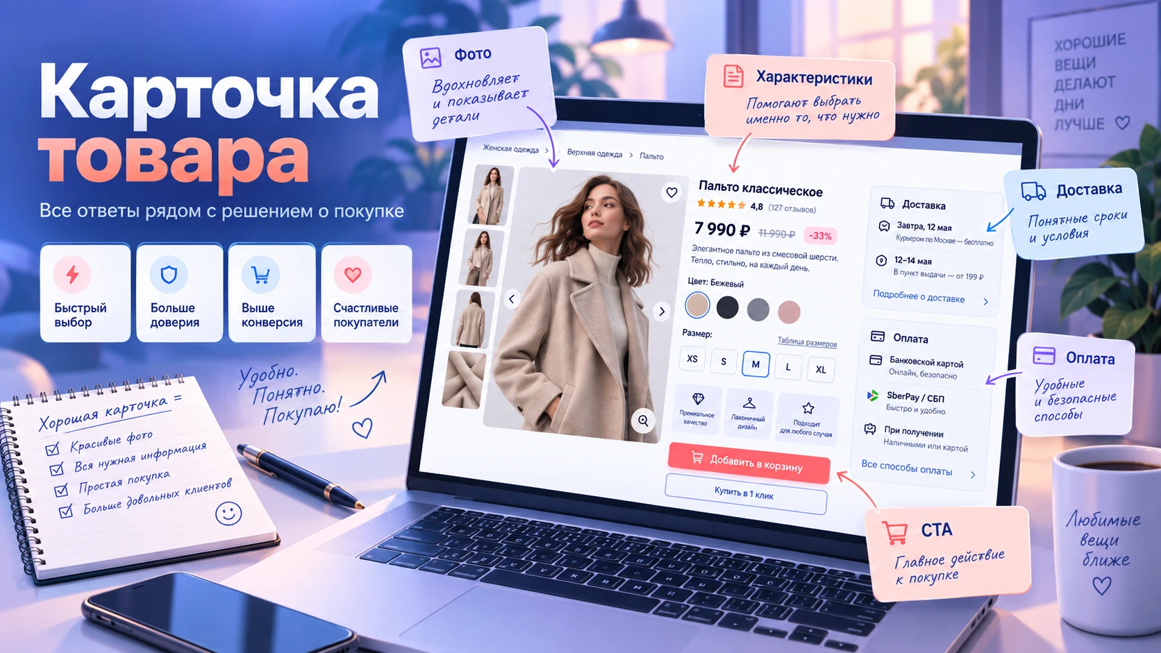Карточка товара: фото, характеристики, доставка, оплата и CTA Удобная карточка товара интернет-магазина
