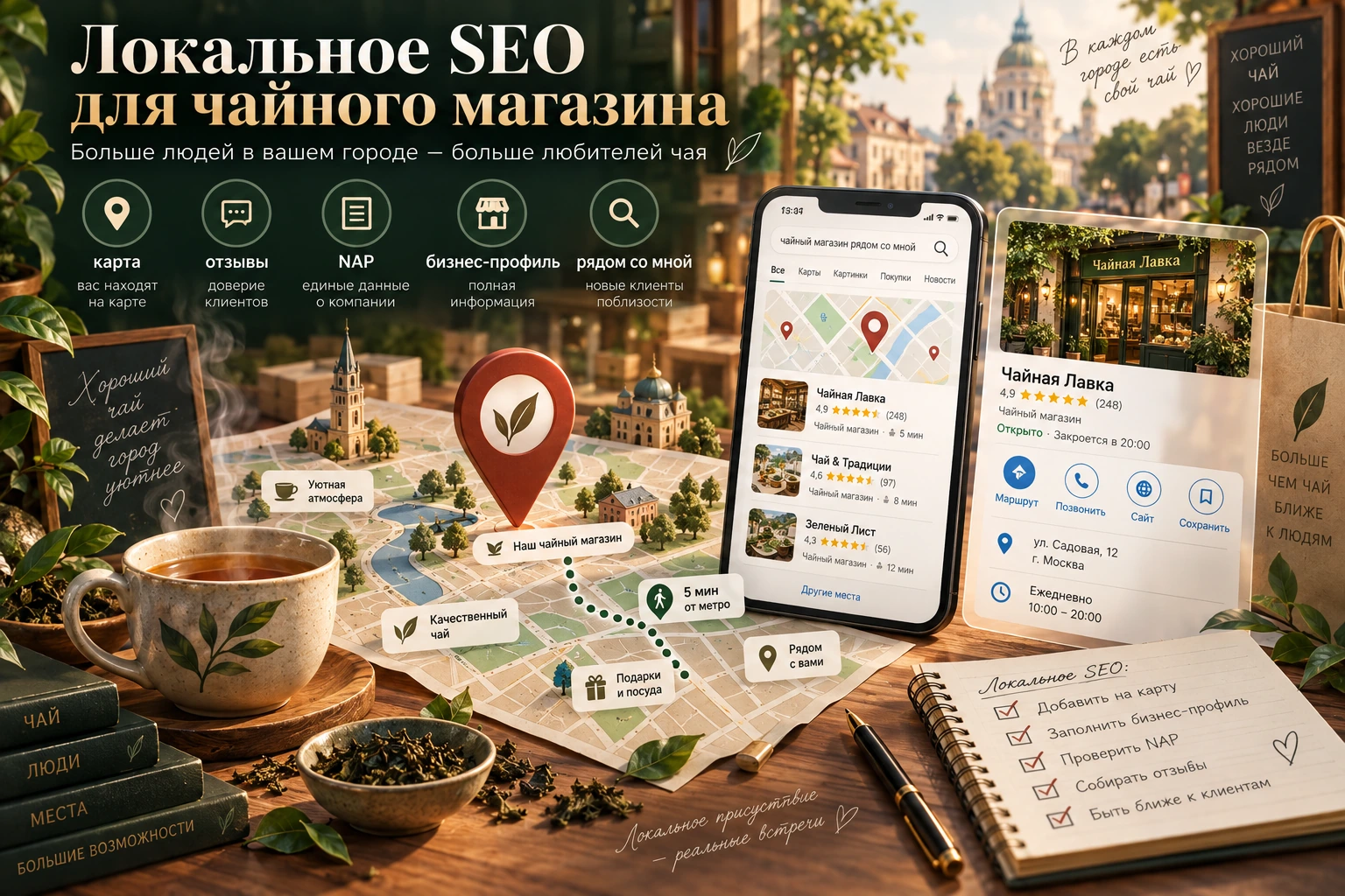 Карты, отзывы, NAP и бизнес-профиль для локального SEO Локальное SEO для чайного магазина