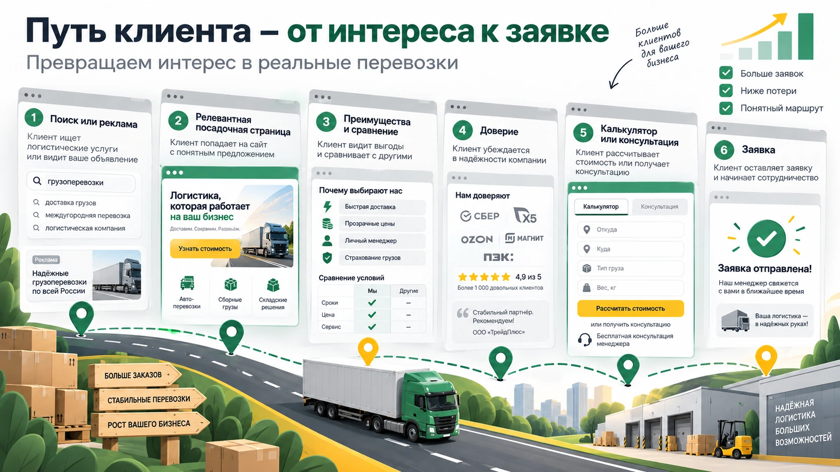Поиск, посадочная страница, доверие, расчёт и заявка Путь клиента от поиска до заявки на логистические услуги