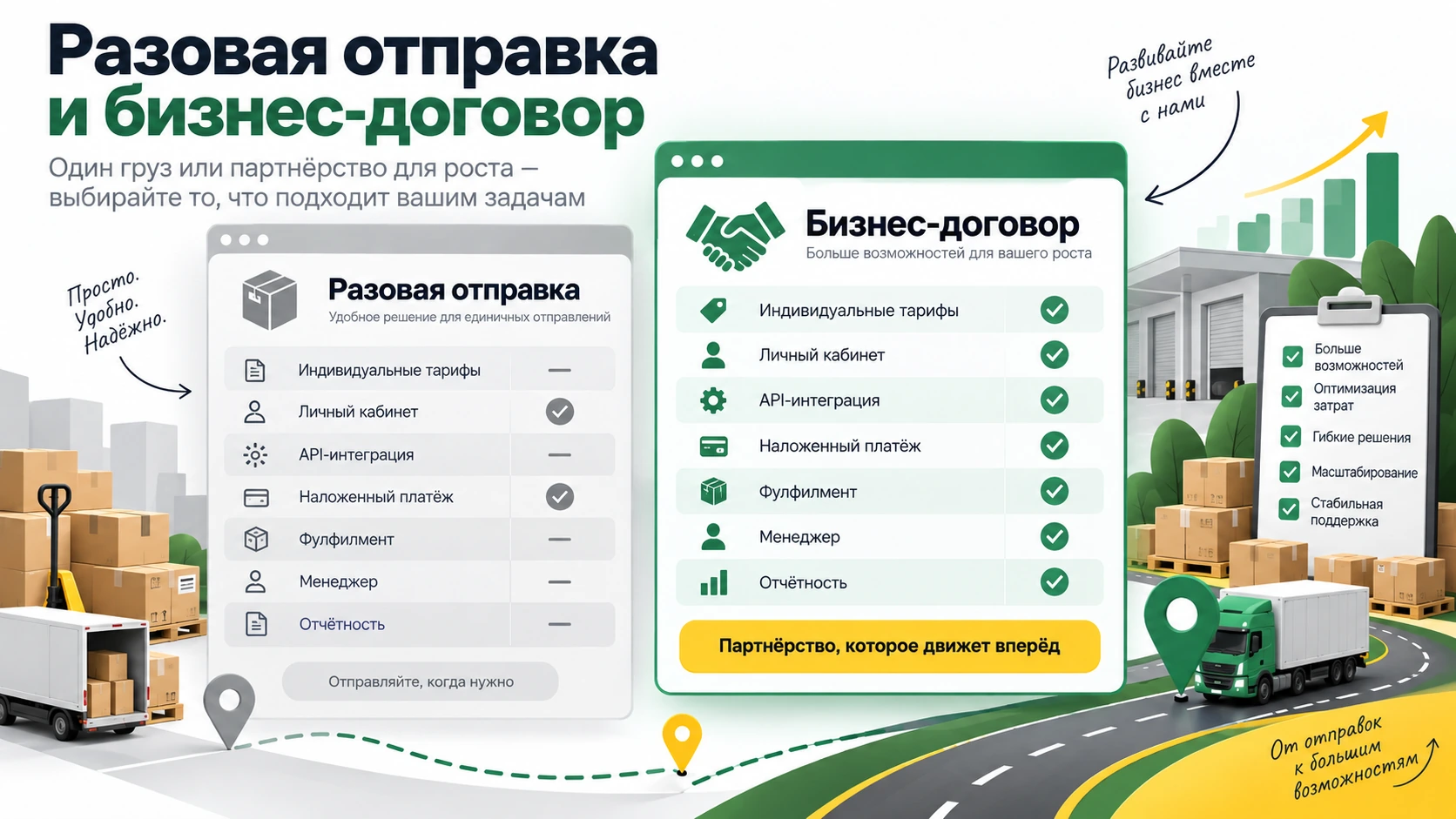 Разовая отправка и бизнес-договор: сравнение возможностей Сравнение разовой отправки и бизнес-договора на доставку
