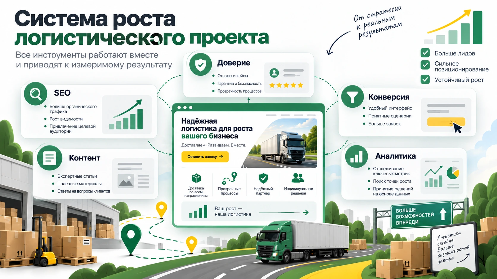 SEO, контент, доверие, конверсия и аналитика логистического проекта Целевая система развития логистического проекта