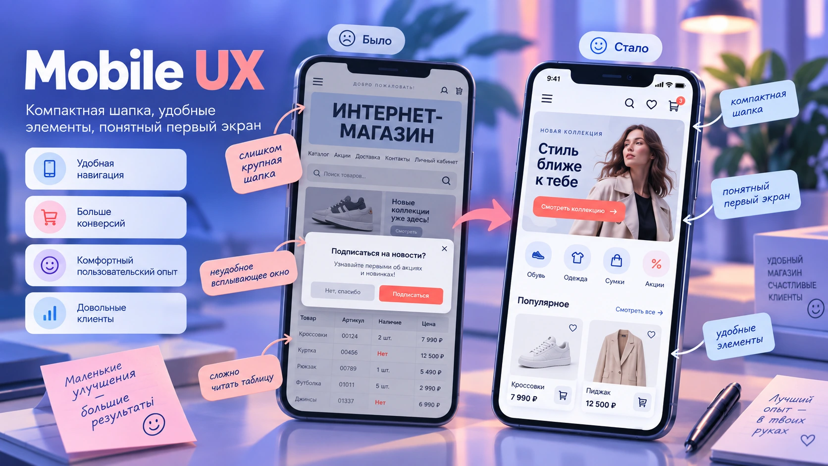 Mobile UX интернет-магазина: проблемный и удобный интерфейс Сравнение мобильного UX интернет-магазина до и после улучшений