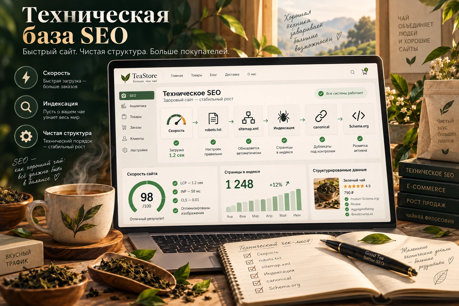 Скорость, robots.txt, sitemap, индексирование, canonical и Schema Техническая база SEO для интернет-магазина чая