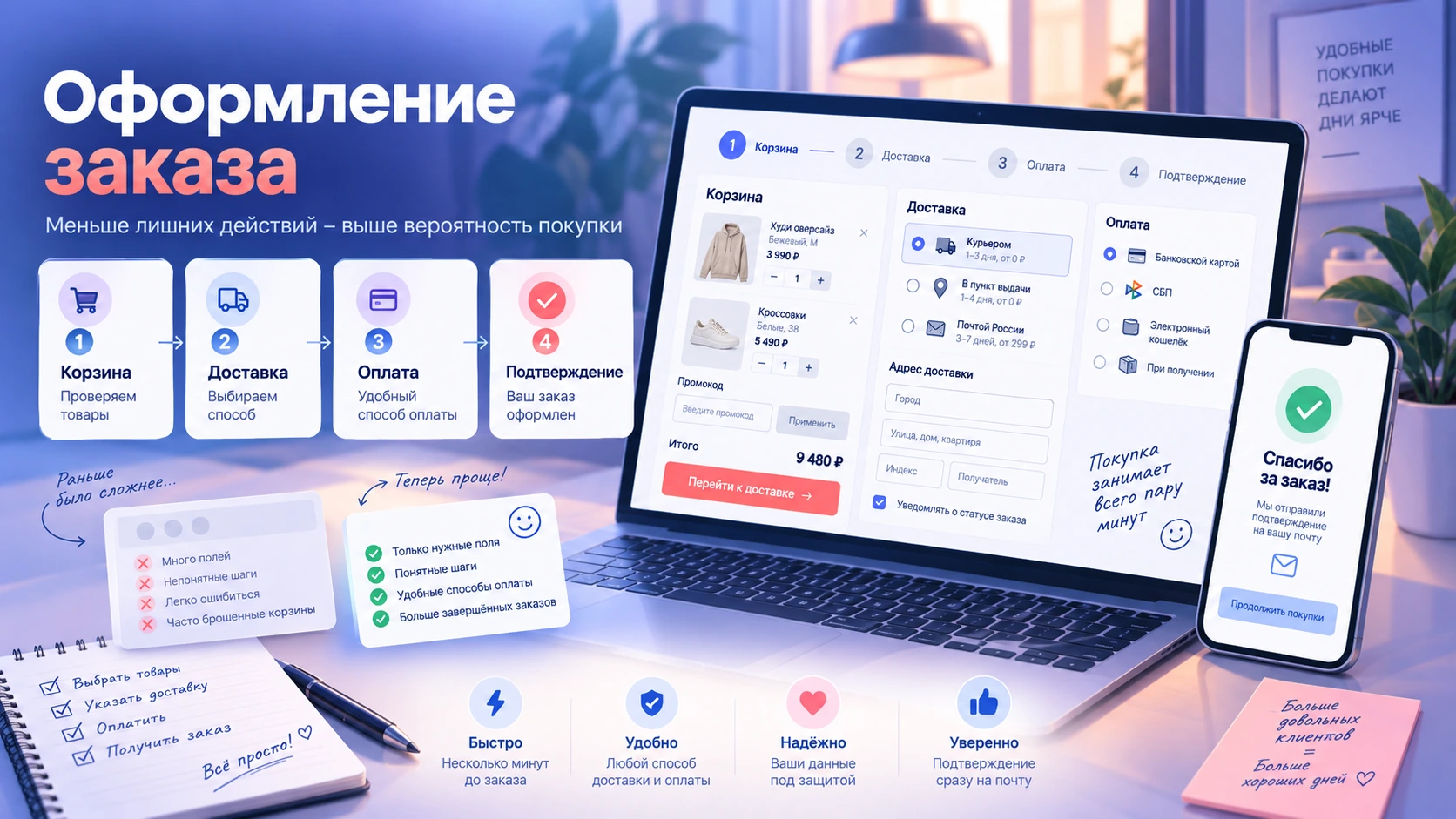 Корзина, доставка, оплата и подтверждение заказа Удобное пошаговое оформление заказа в интернет-магазине