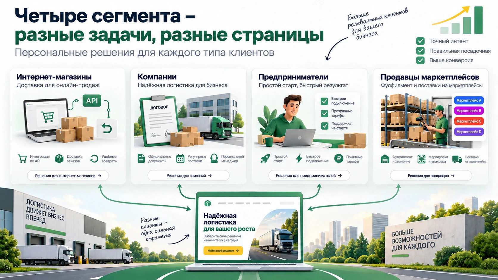 Интернет-магазины, компании, предприниматели и продавцы маркетплейсов Четыре сегмента клиентов логистического сервиса