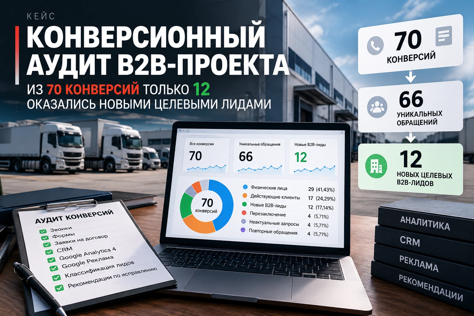 Кейс конверсионного аудита B2B-проекта: 70 конверсий, 66 уникальных обращений и 12 новых целевых лидов