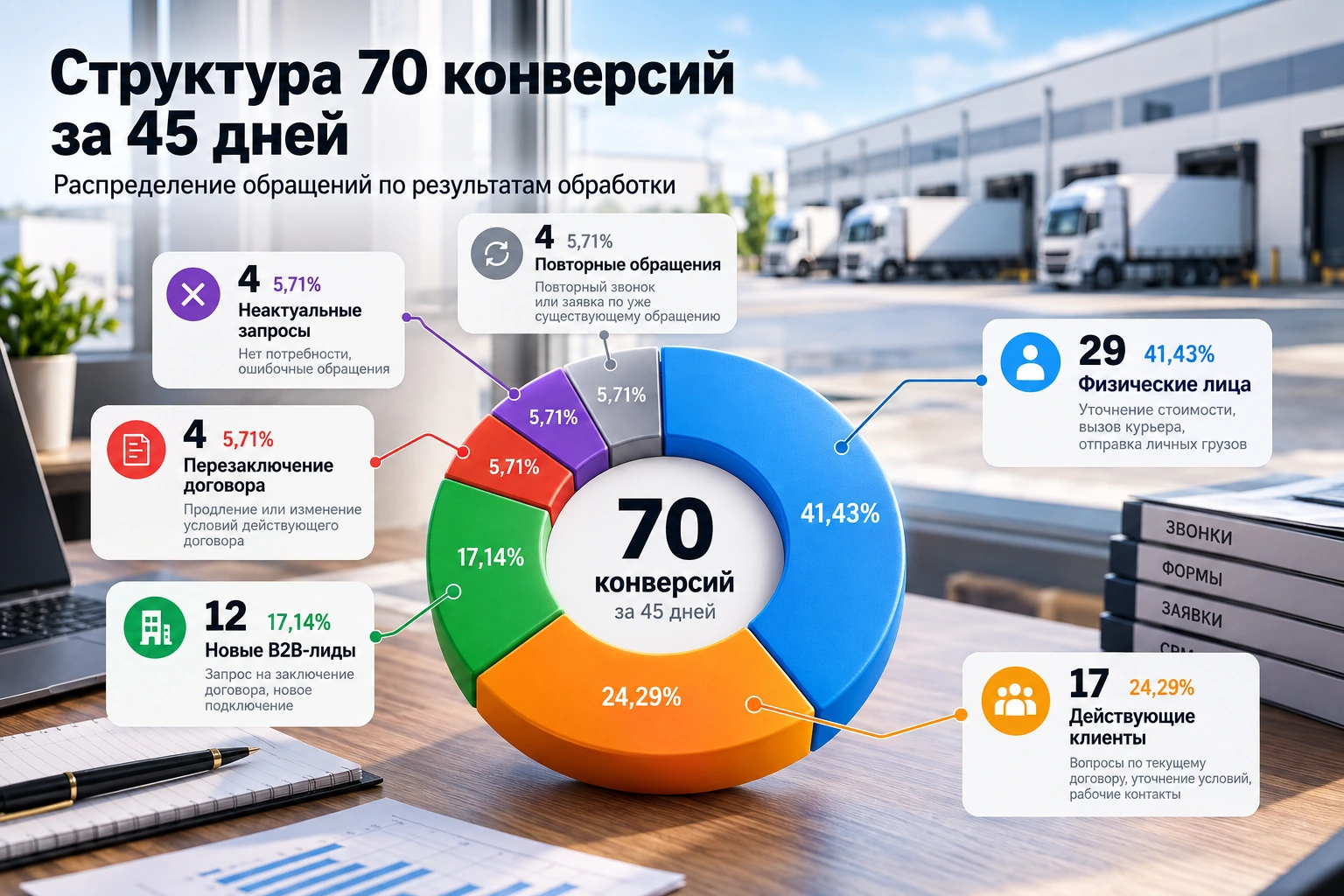 Структура 70 конверсий за 45 дней: физлица, действующие клиенты, новые B2B-лиды и другие категории