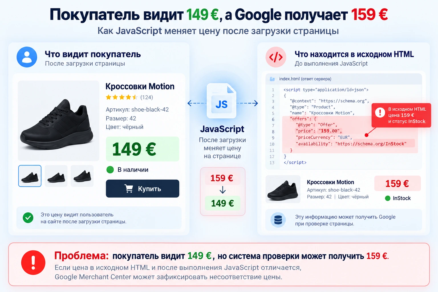 Как JavaScript создаёт расхождение цены Покупатель видит 149 евро, а в исходном HTML остаётся 159 евро