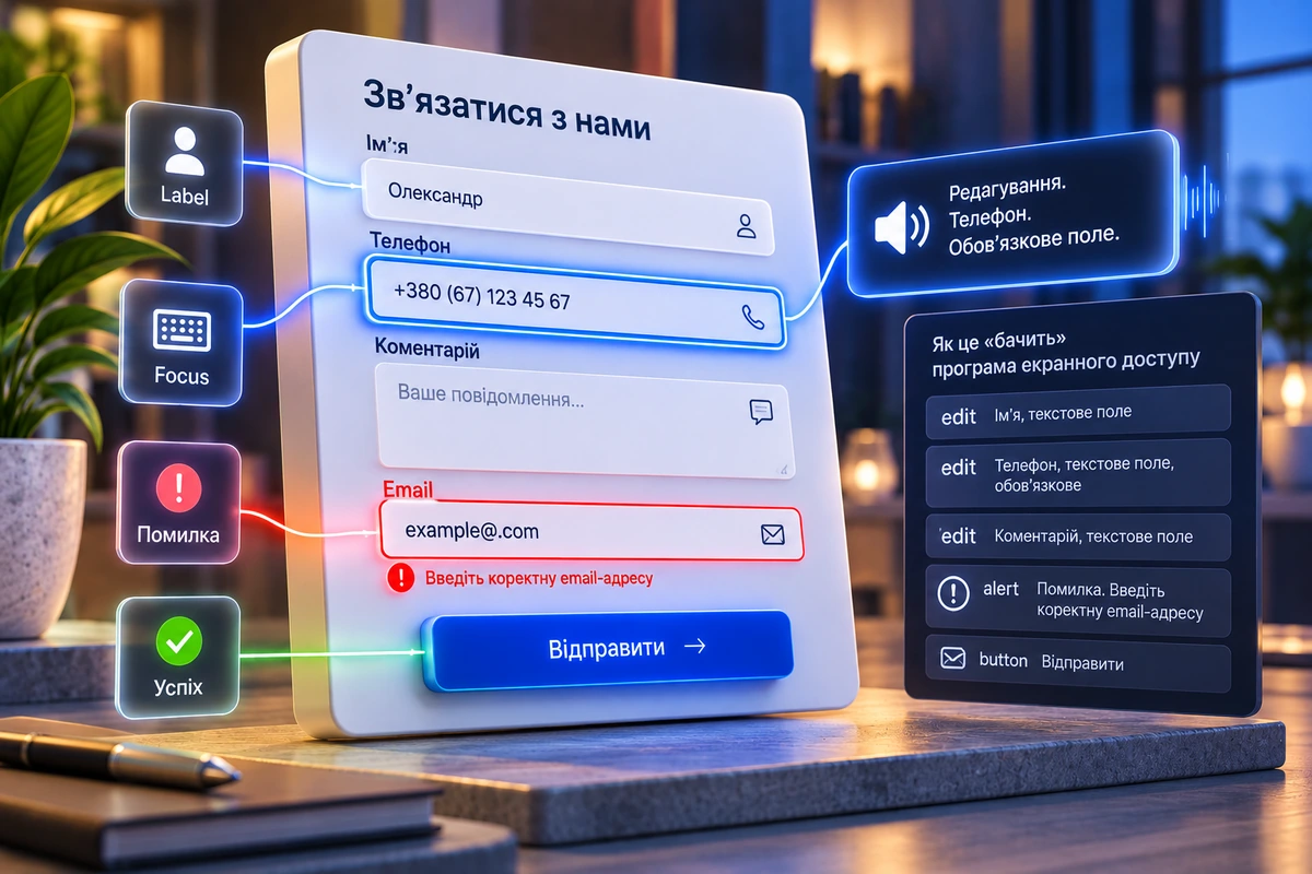 Доступная форма сайта: подписи полей, фокус, сообщение об ошибке и подтверждение отправки