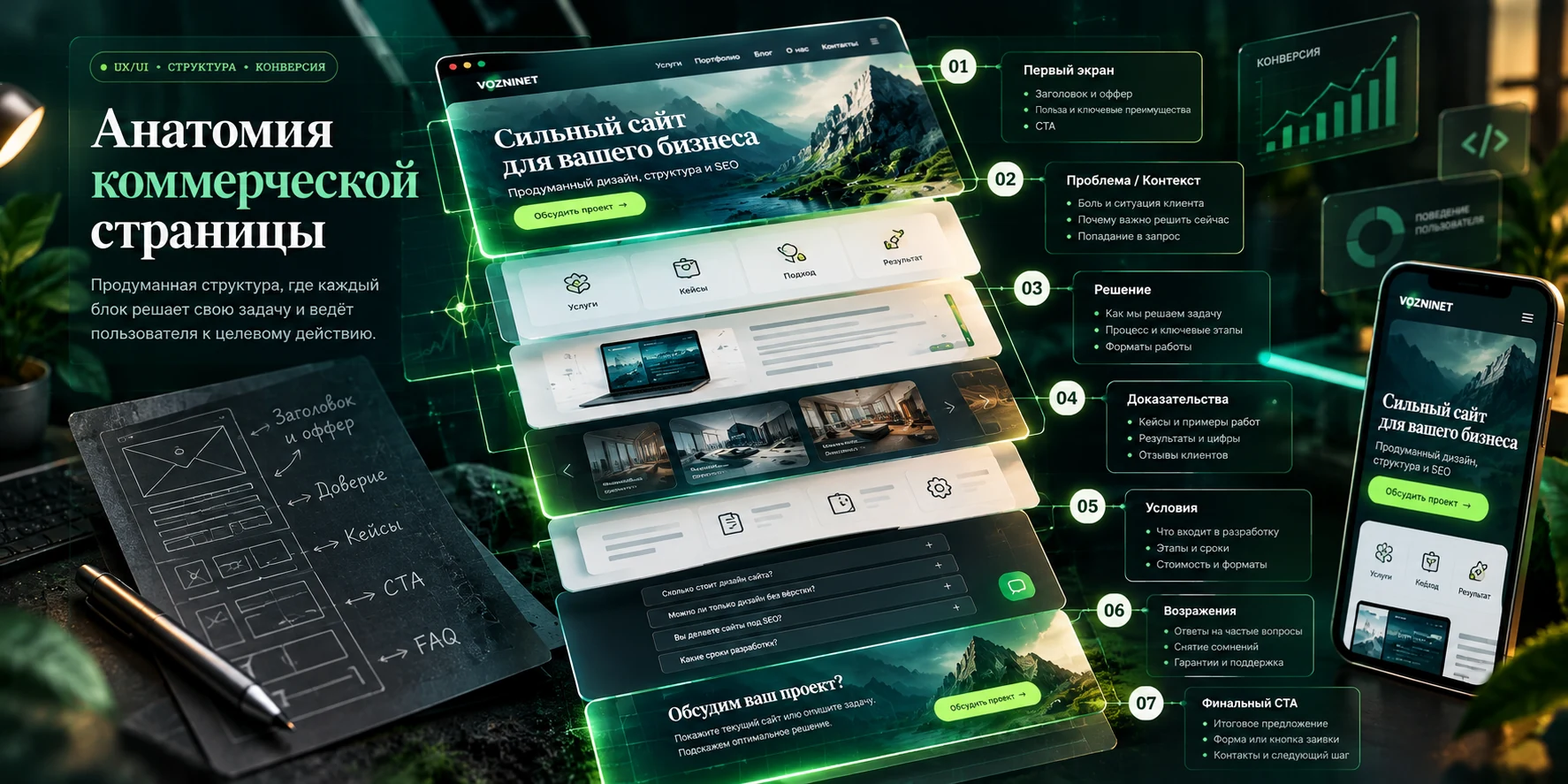 3D-схема анатомии коммерческой страницы: оффер, решение, доказательства, условия, FAQ и целевое действие