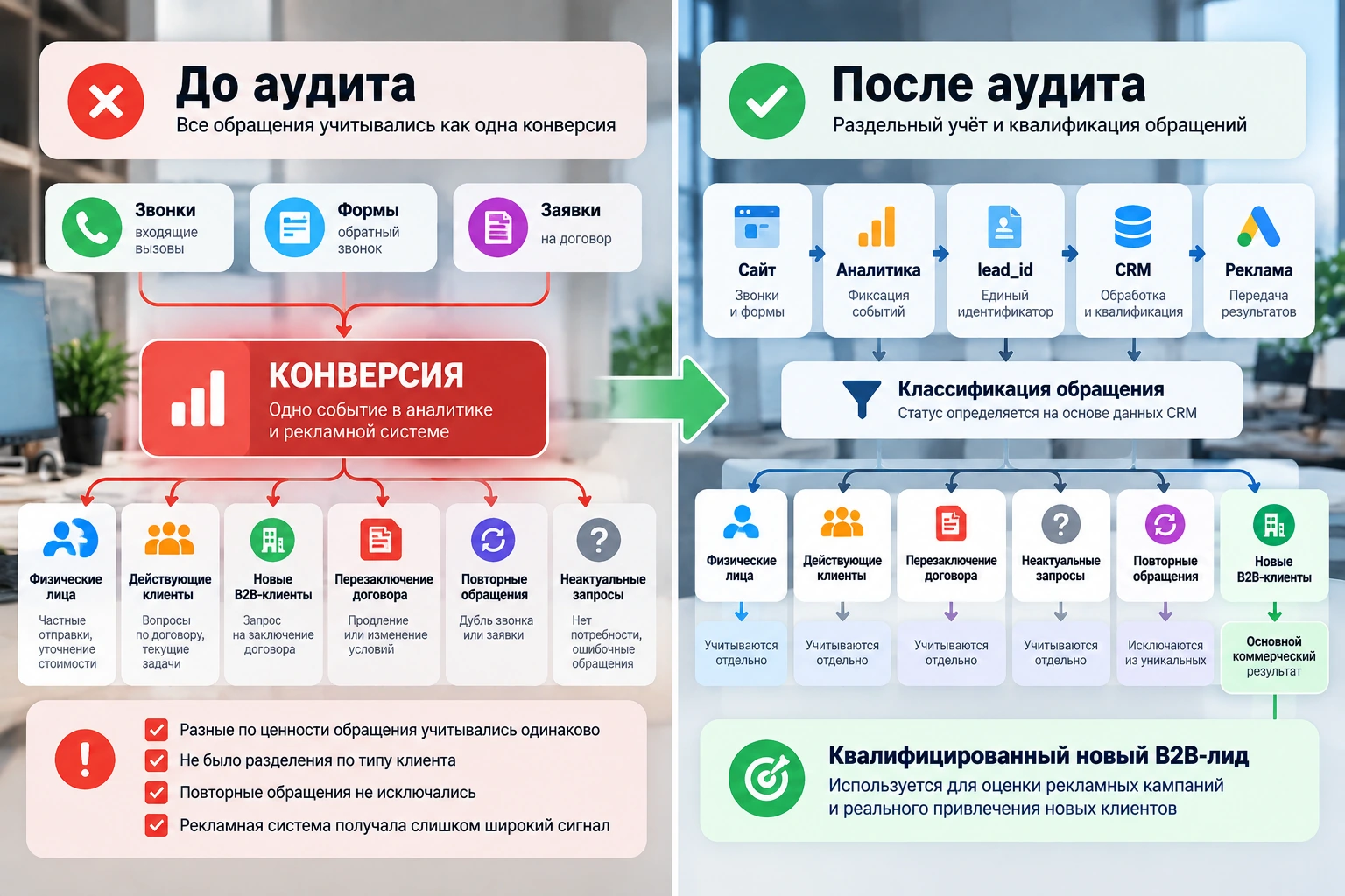 Учёт конверсий до и после аудита: от одной общей конверсии к раздельной классификации обращений
