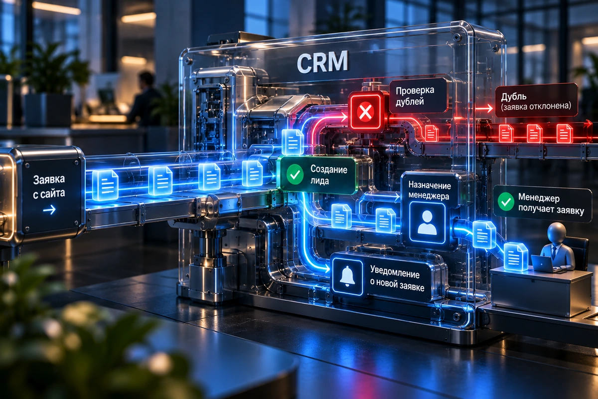 Обработка заявки внутри CRM: проверка дублей, создание заявки, назначение менеджера и уведомление
