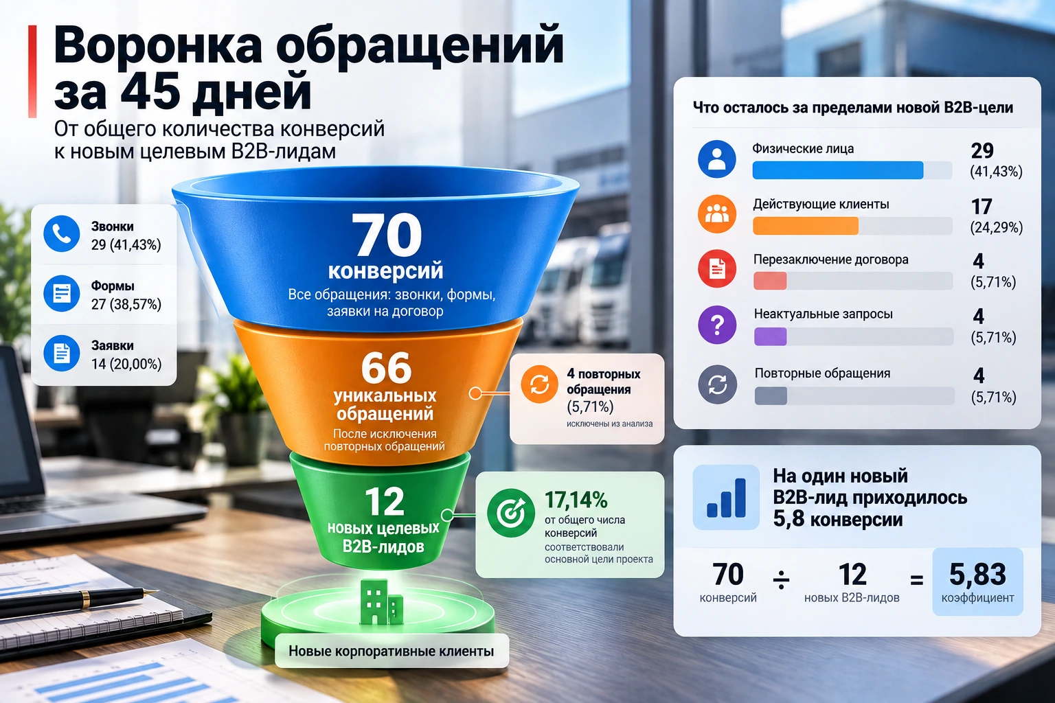 Воронка обращений за 45 дней: 70 конверсий, 66 уникальных обращений и 12 новых целевых B2B-лидов