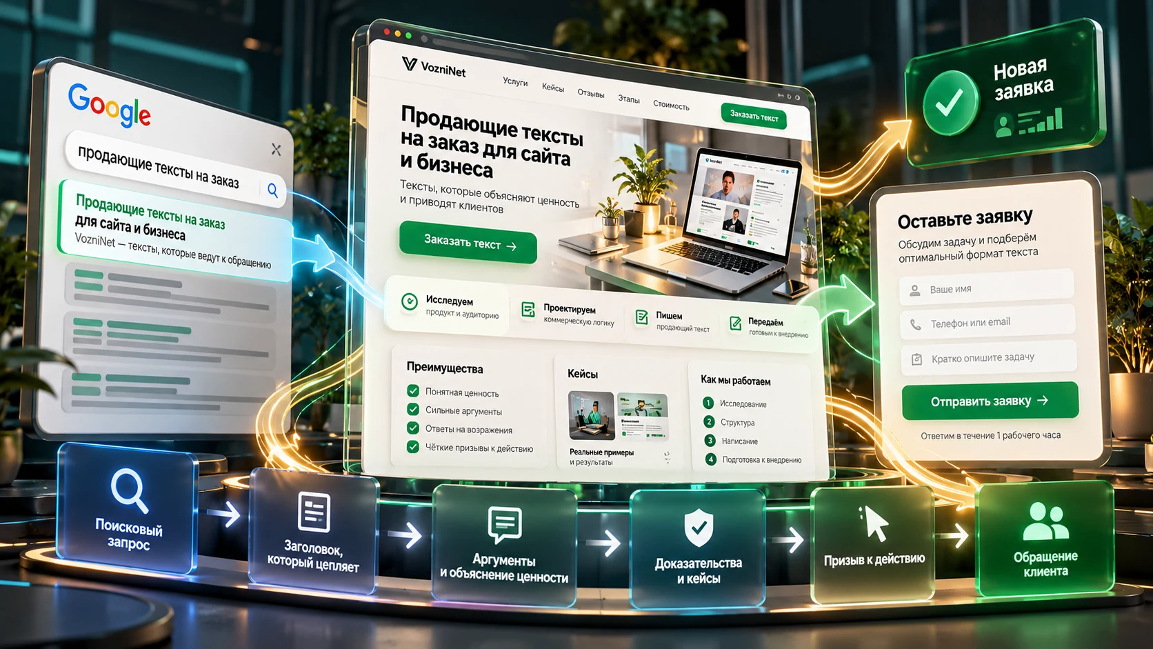 От поискового запроса к обращению клиента Путь клиента от поискового запроса через продающий текст к заявке