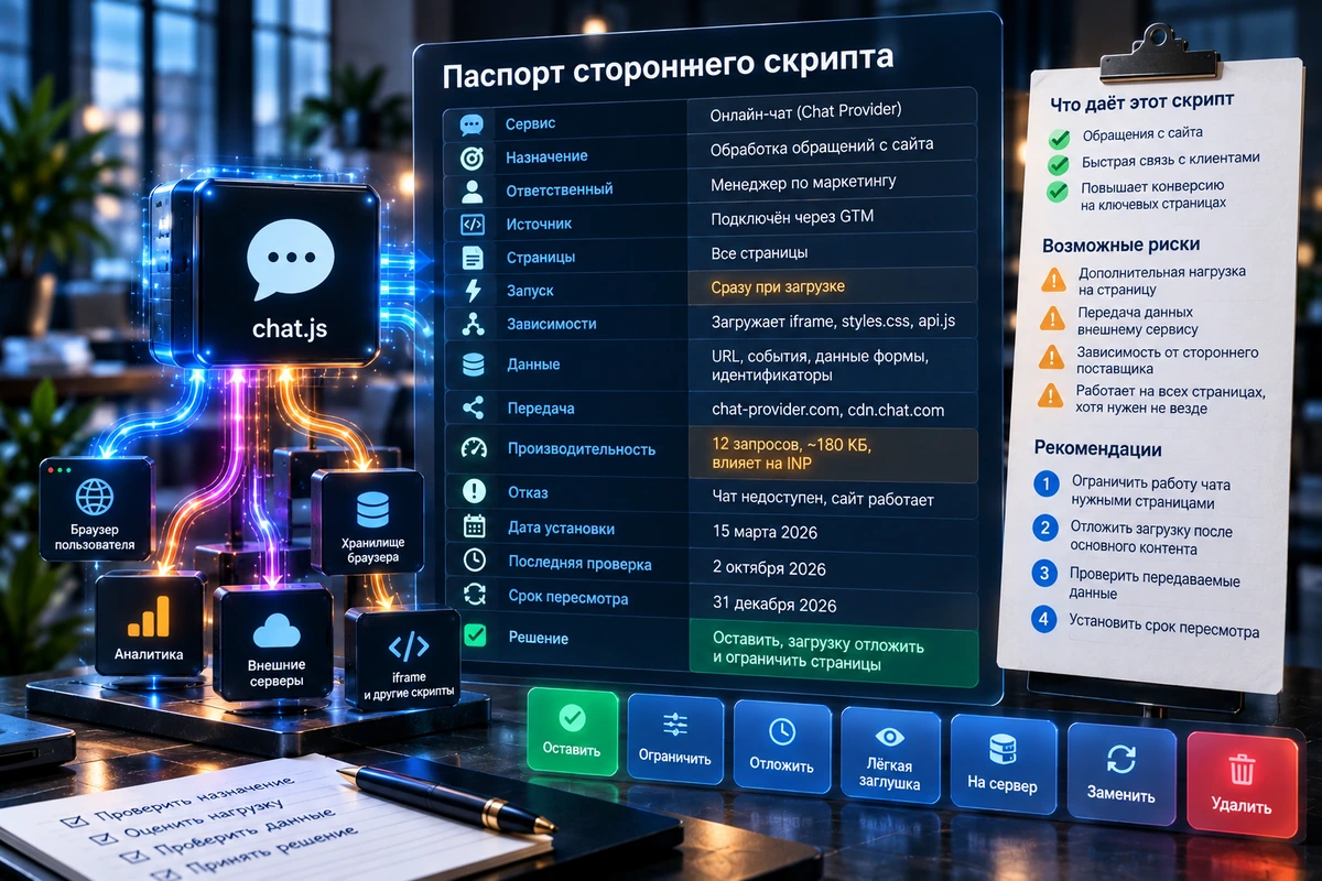 Паспорт стороннего скрипта: назначение, владелец, страницы, данные, нагрузка и срок пересмотра