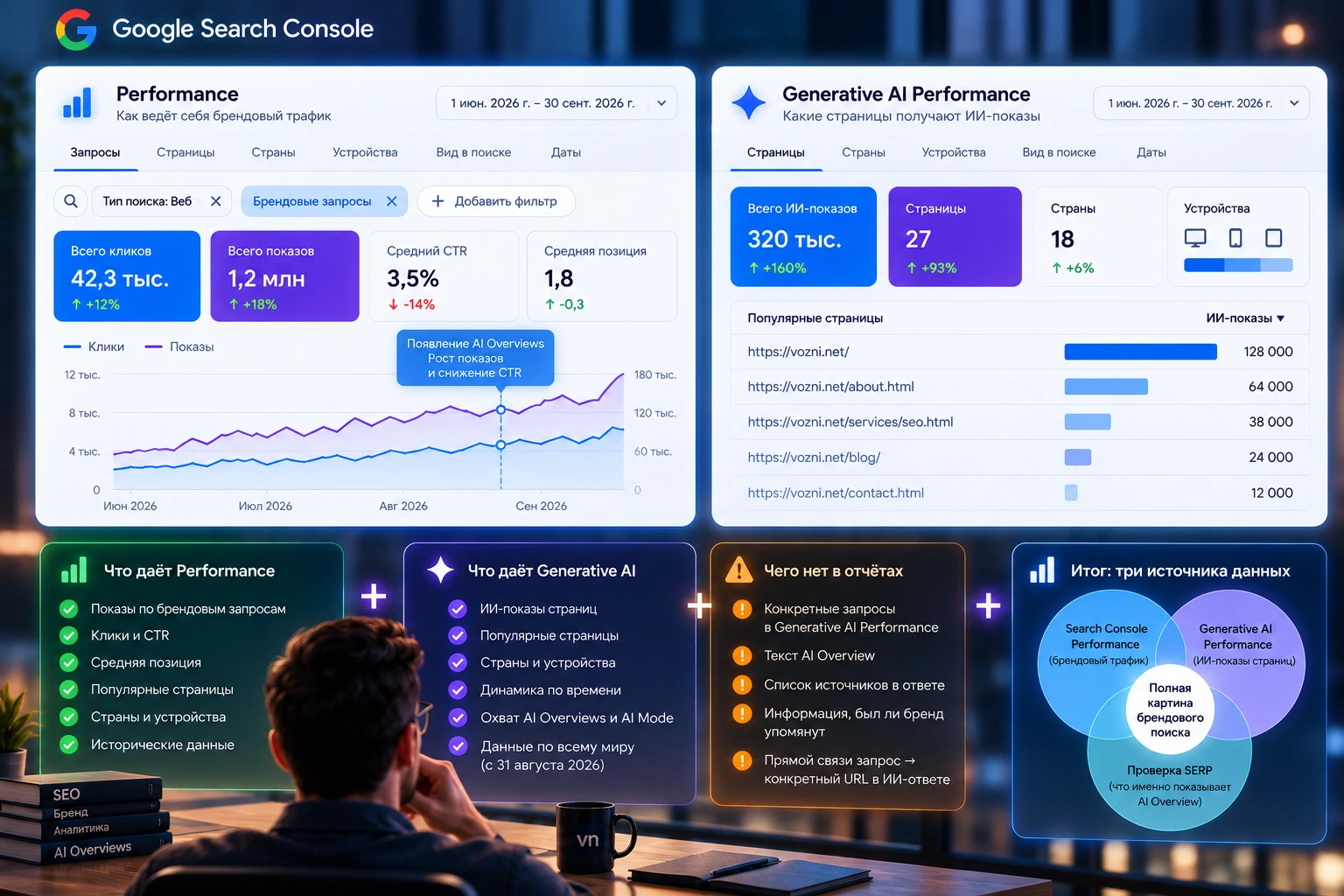 Search Console: брендовый поиск и AI Overviews Анализ брендового трафика и генеративной видимости в Google Search Console