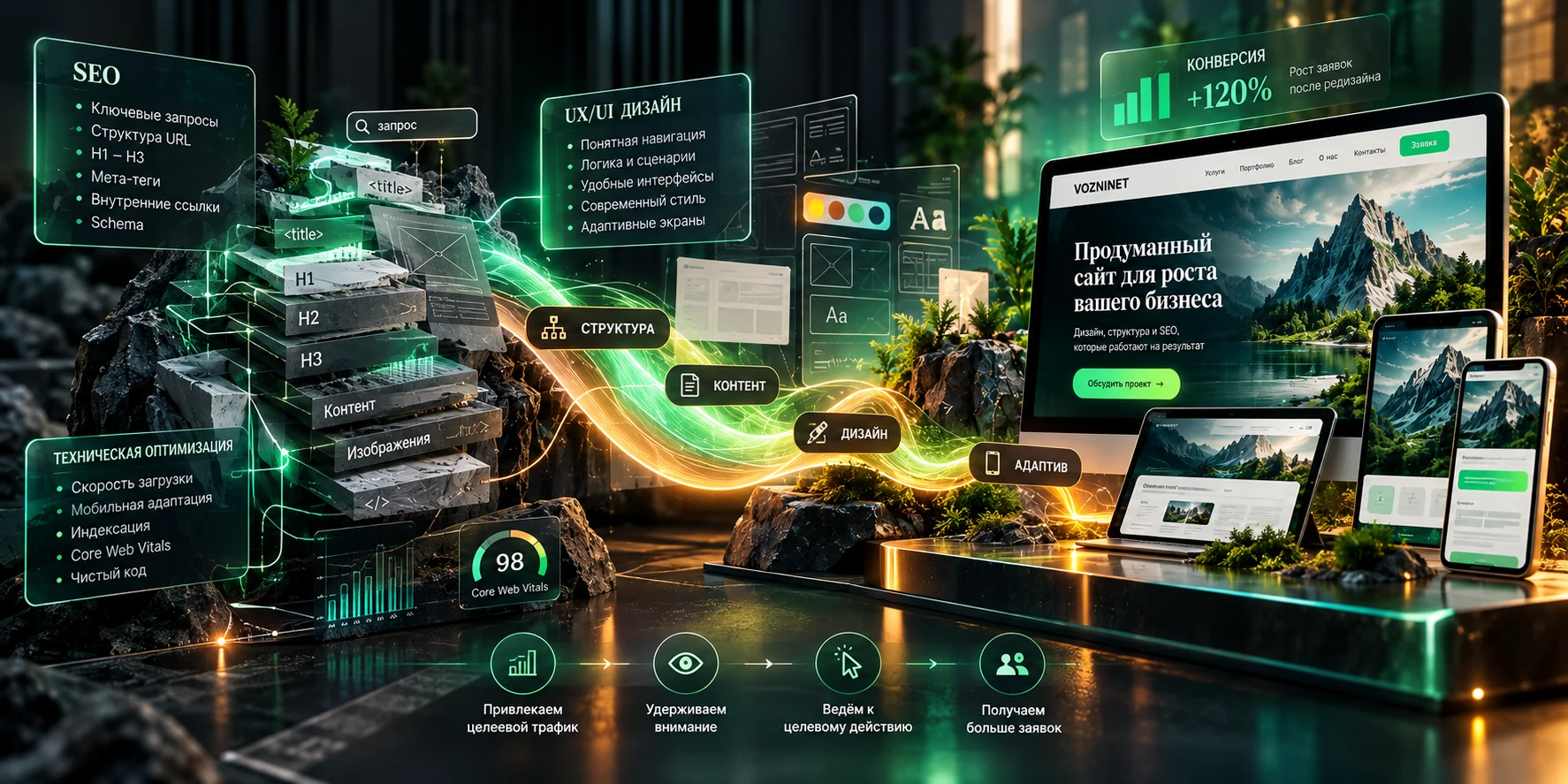 Объединение SEO-структуры, контента, UX/UI и адаптива в одном проекте сайта