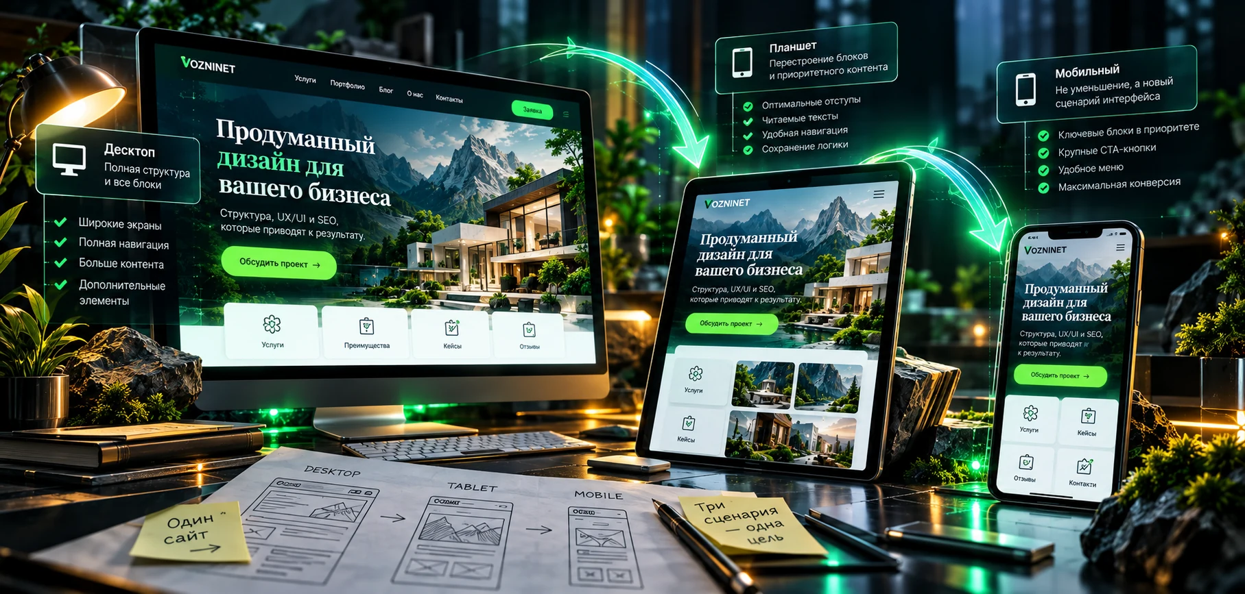 Переход интерфейса с desktop на tablet и mobile с перестройкой пользовательского сценария