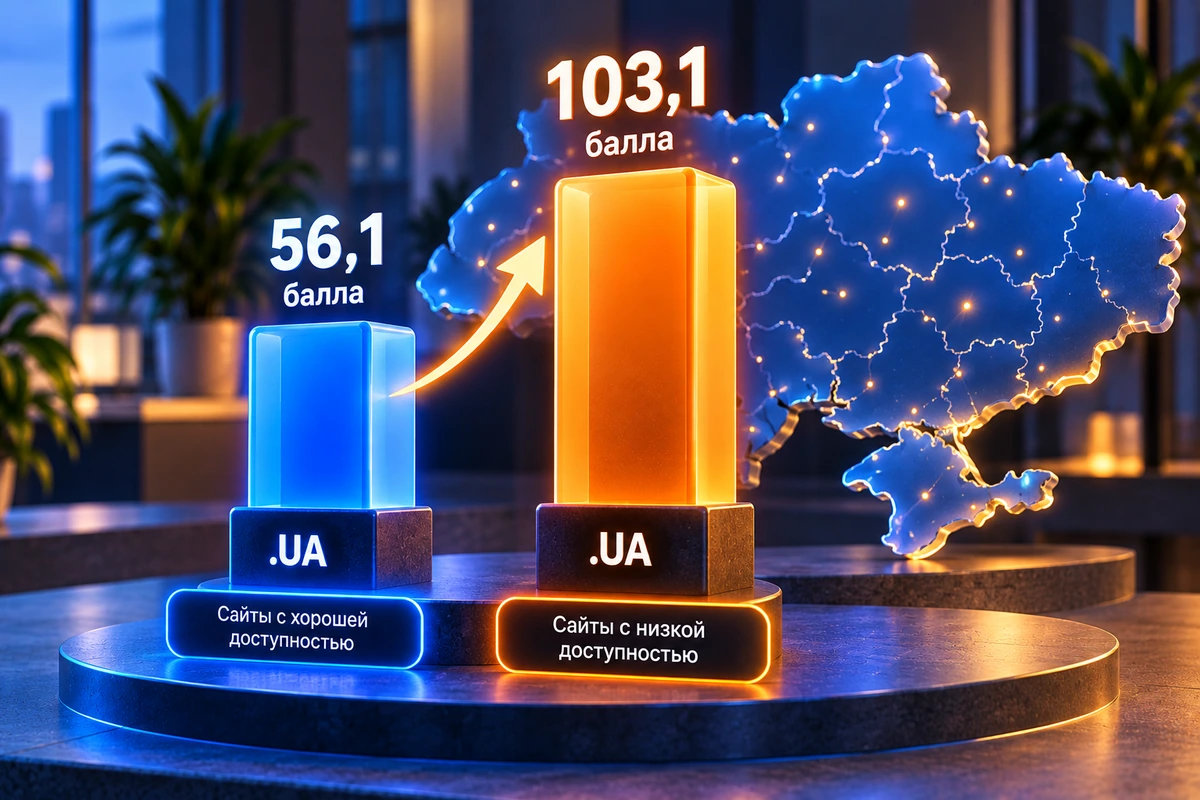 Сравнение среднего числа автоматически обнаруженных ошибок доступности: 56,1 по всей выборке и 103,1 для доменов .ua