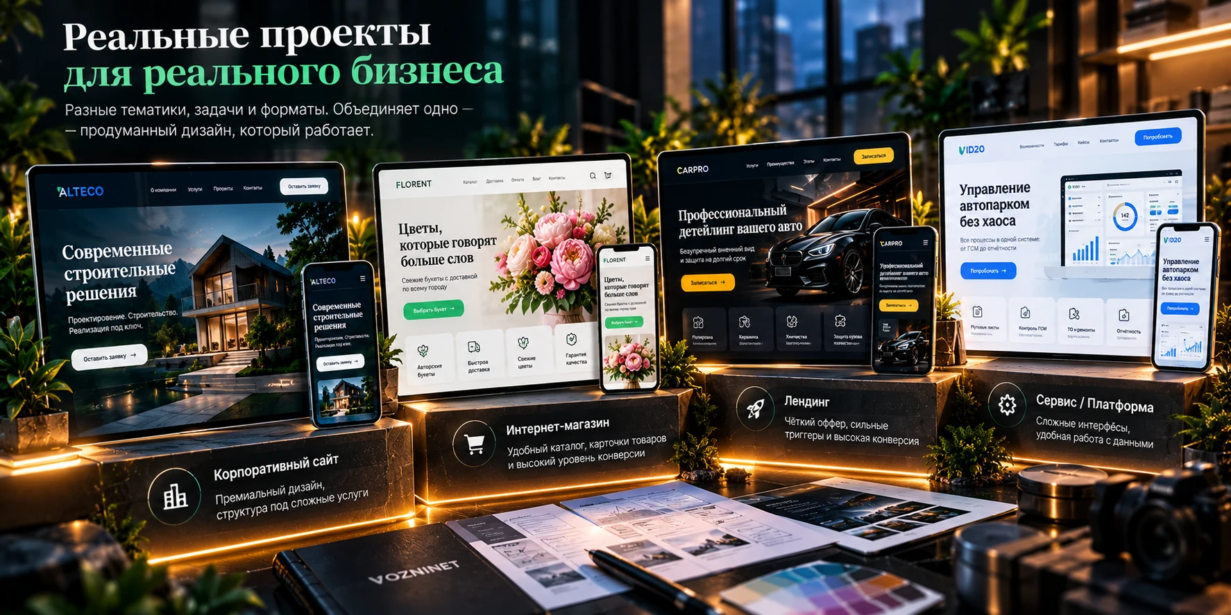 Портфолио разных типов коммерческих сайтов: корпоративный проект, интернет-магазин, лендинг и сервисная платформа
