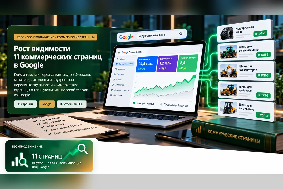 Превью кейса внутренней SEO-оптимизации 11 коммерческих страниц в нише спецшин
